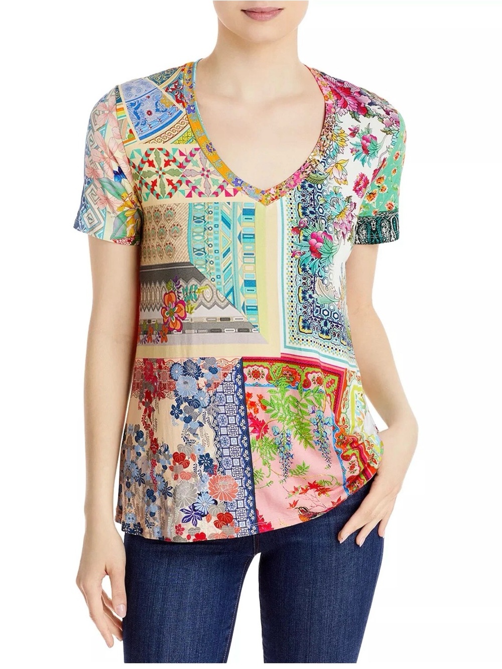 Johnny Was Anika Patchwork Floral V-Neck Swing Tee Top
